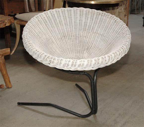 French Round Willow Seat in White and Iron by Jacques Adnet