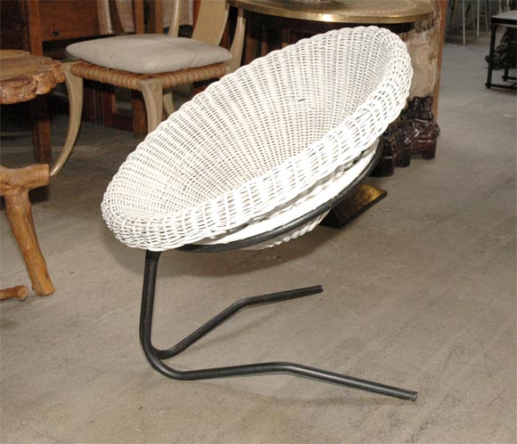 Jacques Adnet French Round Willow Seat in White and Iron 1
