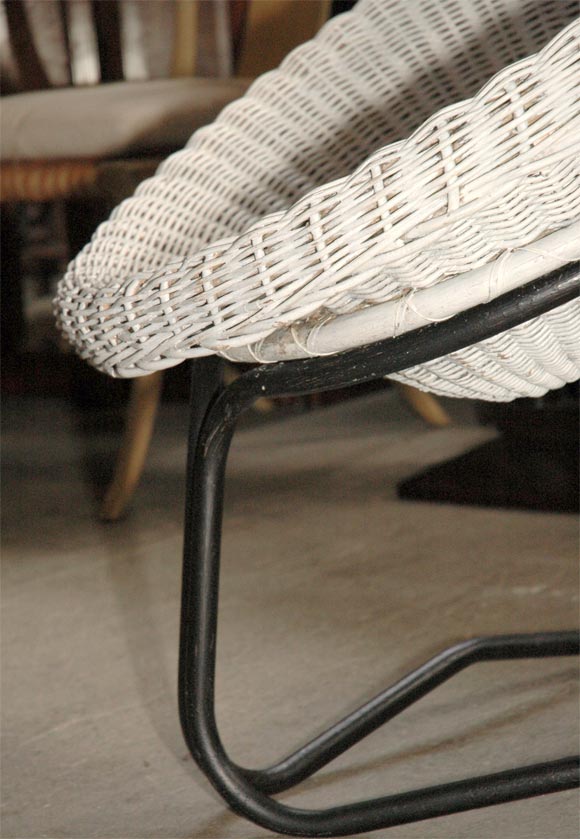 Jacques Adnet French Round Willow Seat in White and Iron 2