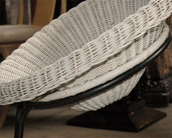 Jacques Adnet French Round Willow Seat in White and Iron 3