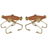 Pair of Robsjohn-Gibbings Bronze, Wood, and Leather Stools