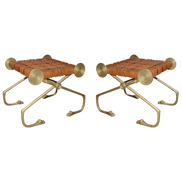 Pair of Robsjohn-Gibbings Bronze, Wood, and Leather Stools