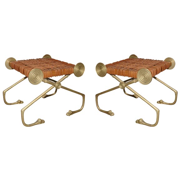 Pair of Robsjohn-Gibbings Bronze, Wood, and Leather Stools