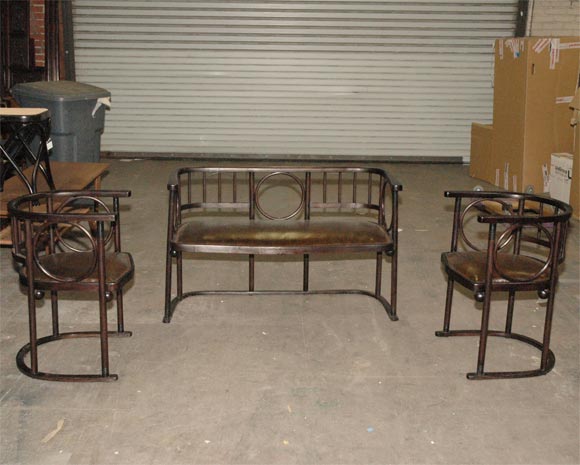 3-Piece Austrian Joseph Hoffman Settee and Chairs Upholstered in Leather from 1910