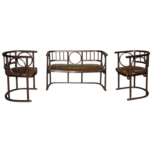 3-Piece Austrian Settee & Chairs in Leather by Joseph Hoffman