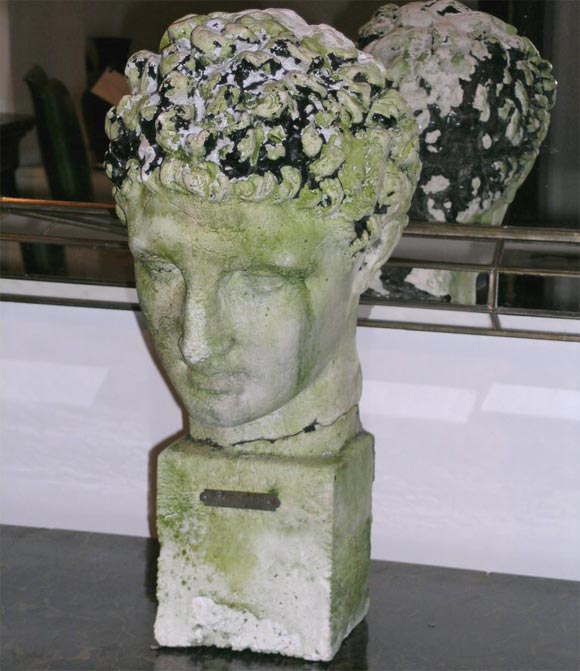 Plaster Bust of 'Hermes', the Son of Zeus and the God of Travel and Communication. Distinctive Green Aged Patina from Living Outdoors. <br />
The Plaque reads: Hermes de Praxitele, 4 Siecles Av. J-C (Musee d' Athenes). <br />
The original Statue