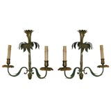 #3136 Pair of Green Tole and Brass Palm Wall Sconces