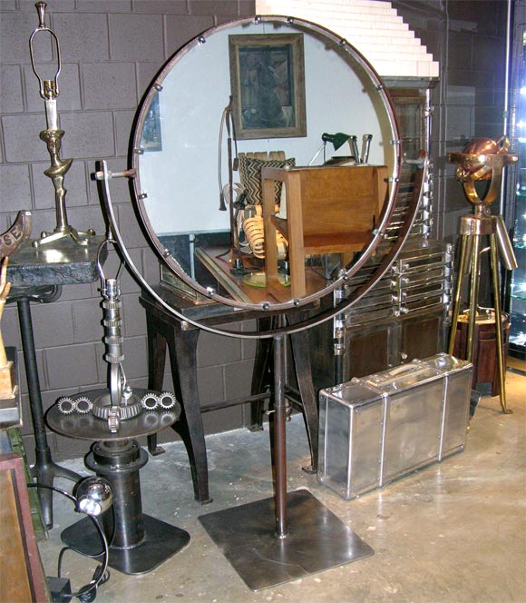 Massive Round Industrial Standing Floor Mirror Circa 1920's