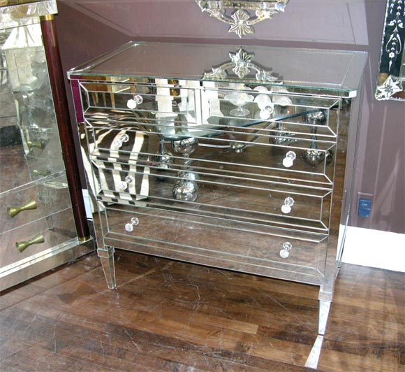 Custom Neoclassical modern 4-drawer mirrored dresser. Customization is available in different sizes, mirror finish, and hardware.