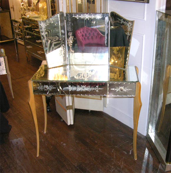 1940's French Etched Mirrored Vanity With Tryptic Mirror