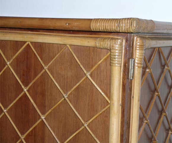 Jean Royere wicker and mahogany cabinet In Good Condition In Newburgh, NY