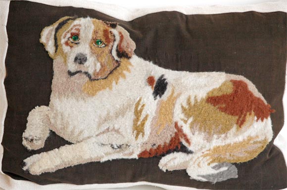 19THC PICTORIAL HOOKED RUG/DOG PILLOW