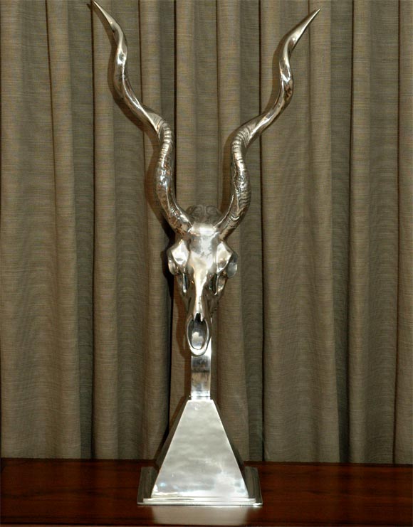 Cast aluminum Kudu skull mounted on detachable stand. Can be wall mounted. Rare example of Court's work. Acquired from the artist. Signed and numbered.
