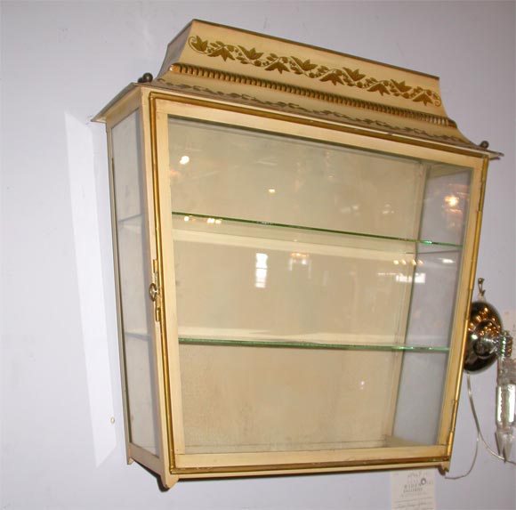 Tole curio hanging cabinet.  Two glass shelves