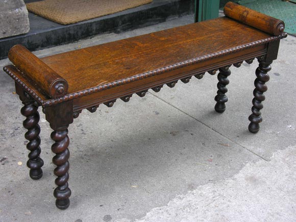 19th c. Rolled-Arm Scalloped Hall Bench on Barley Twist Legs