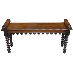 Antique 19th c. Rolled-Arm Scalloped Hall Bench on Barley Twist Legs