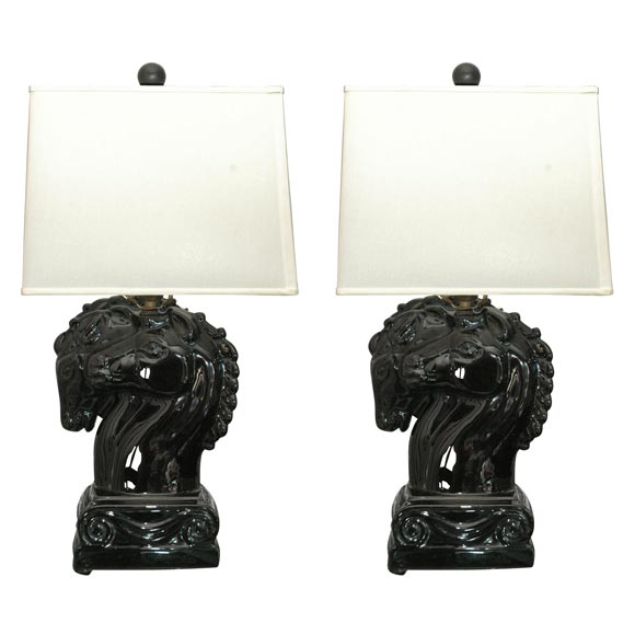 Pair of Black Horsehead Bust Lamps
