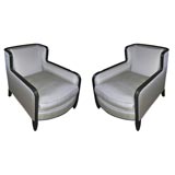 Pair of Art Deco Ebonized and Silk Covered Wing Back Chairs