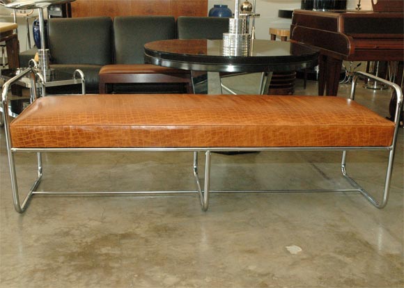 Large Art Deco Bench Chrome and Faux Alligator Luggage Leather