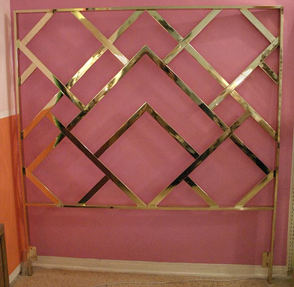 70's glam Chinese Chippendale headboard in lacquered brass. Queen sized for king-sized style.