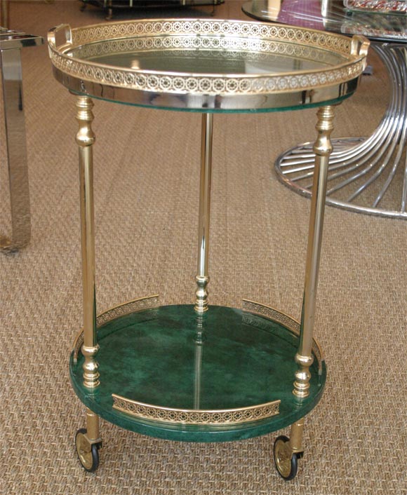 Aldo Tura mini circular two tier cart, green lacquered goatskin with brass detail and removable glass tray
