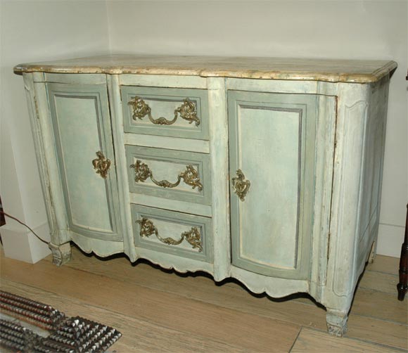 Mid-18th century French Normandy painted buffet or sideboard cabinet with faux marble top, carved apron and legs. 