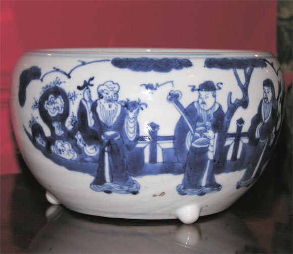 19th Century Blue & White Footed Cachepot w/Figures