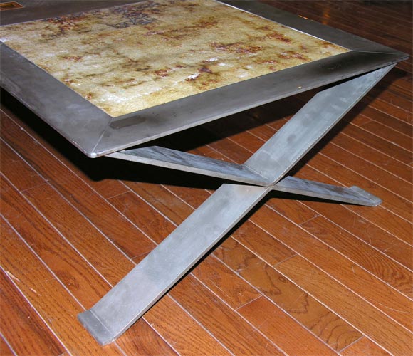 French Stainless Steel Frame Coffee Table with Ceramic Inset For Sale