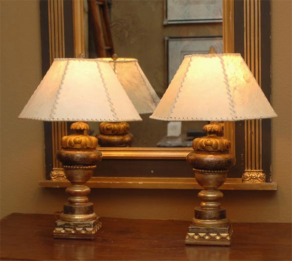 Pair of Italian Gilt Wood Pole Finial Lamps