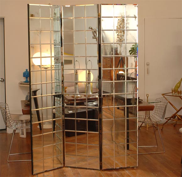 Three Panel Etched Mirror Floor Screen at 1stdibs