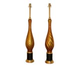 Pair of 40's Gold Glass Lamps with Solid Brass Base and Leather