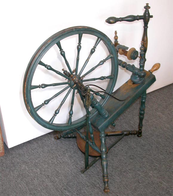 18THC SPINNING WHEEL /PROBABLY PAINTED IN THE EARLY 19THC  , GREAT ORIGINAL SURFACE WITH HAND FORGED IRON HARDWARE