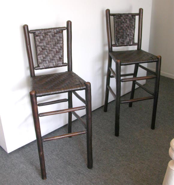 Pair of signed Old Hickory, made in Martinsville, Indiana, Old Hickory Bar stools.