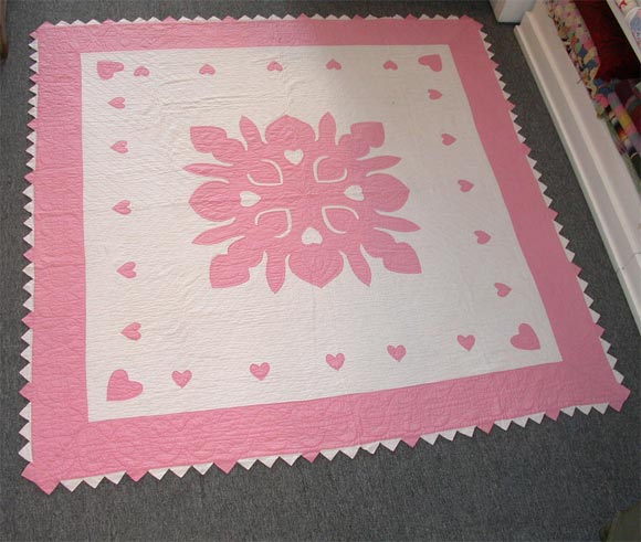1930's Pink and White Reverse  Heart Applique Quilt