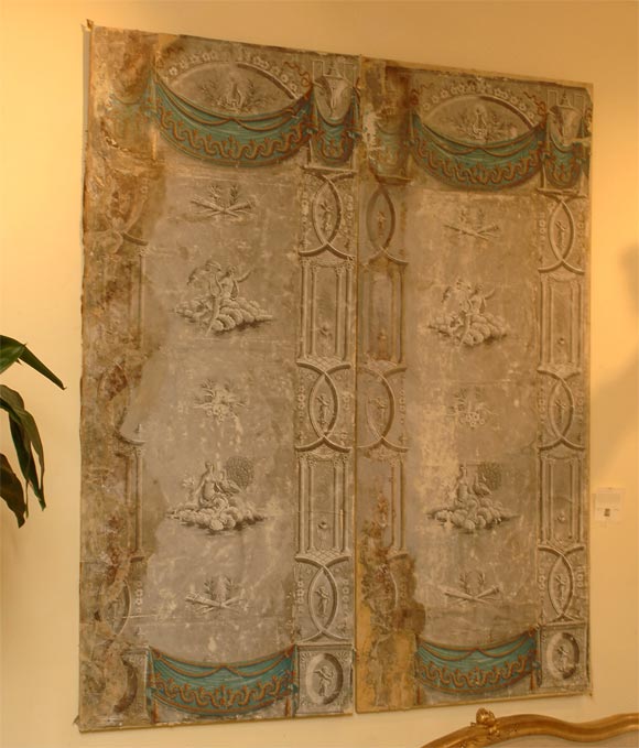 Pair of 19th Century French Wallpaper Panels in Dove Grey, Teal and Golds Depicting Maidens with Peacocks and Musicians with Lyres on Clouds, the Border with Classical Architecture, Cupids and Flowers, the Top and Base with Elaborate Swags and Gold