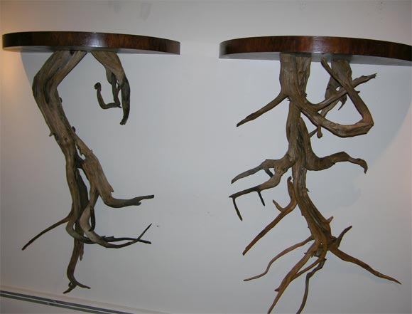 IMPRESSIVE PAIR OF HALF MOON DRIFTWOOD CONSOLES.