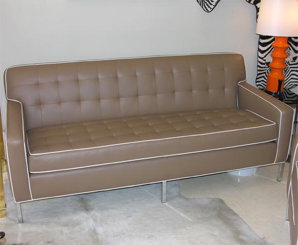 Two-tone sofa by Area ID. Custom sizes. Ultra leather from Japan, (faux), 100 colors, washable, very durable. Production time 12 weeks plus delivery. Price $4500.
The sofa is built in New Jersey, USA.
Legs can also be wood, any color.
Contact us