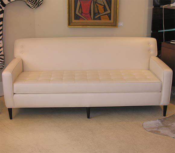 Reproduction of a Swedish, 1950s sofa. Ultra leather from Japan, (faux leather). 100 colors, washable, very durable. Production time is 8-9 weeks plus delivery. Custom sizes. Price $4500. Built in NJ.