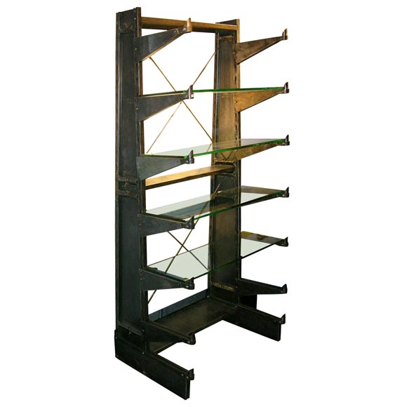 Polished Steel Industrial shelving unit w/glass shelving