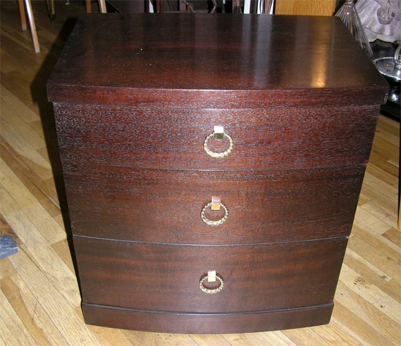 Pair bowfront dark mahogany bedside tables