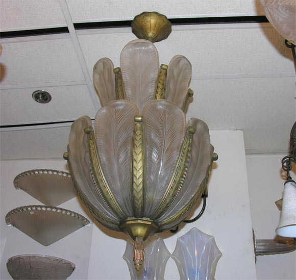 Silvered bronze and frosted glass chandelier.