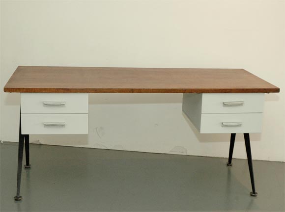 Jean Prouve Compas Desk with original file drawers, repainted legs and original wood top.