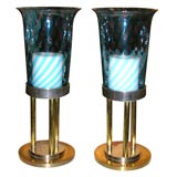 Pair of Handblown Hurricanes on Bronze and Chrome Base by Veart