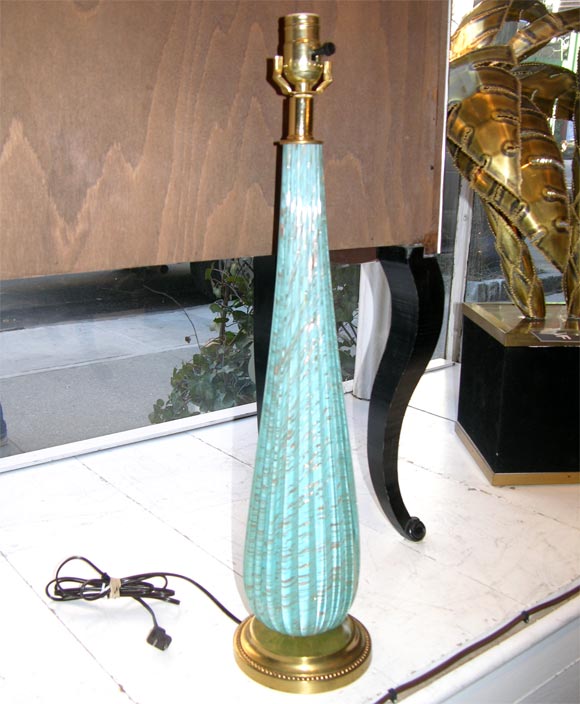 Pair of 1940's Turquoise and Gold Murano Glass Lamps