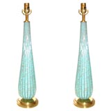 Pair of 1940's Turquoise and Gold Murano Glass Lamps