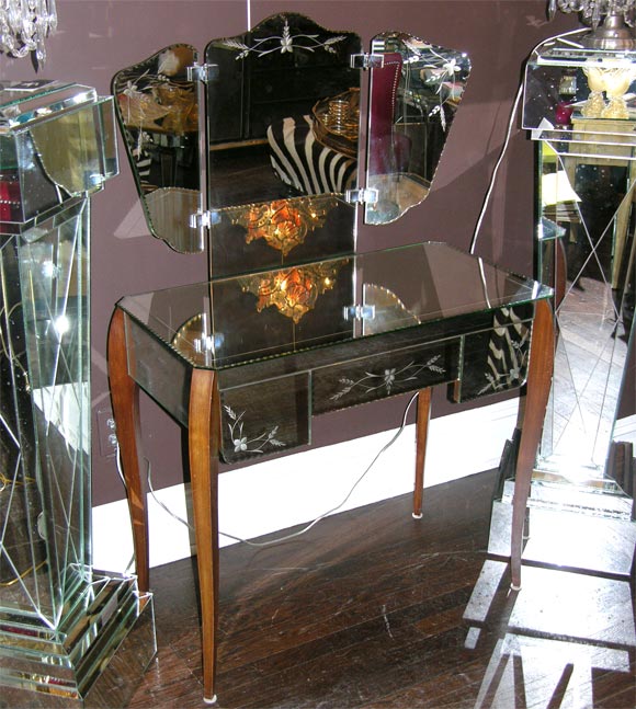 1940's French Etched Mirrored Vanity with Tryptic Mirror