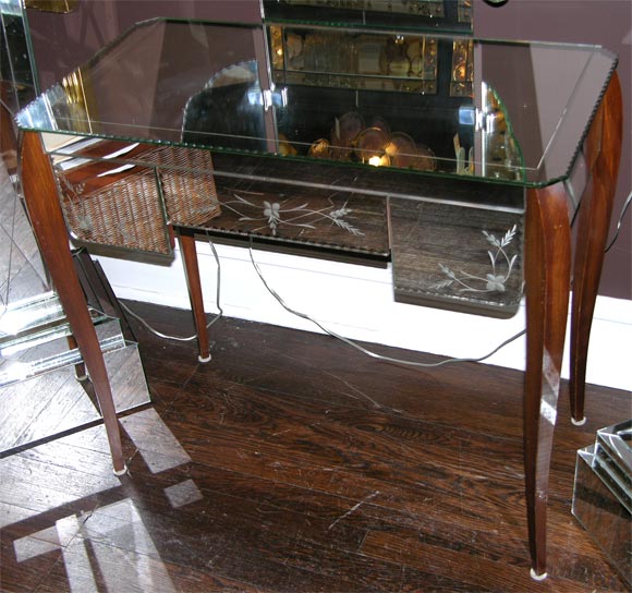 Wood 1940's French Etched Mirrored Vanity With Tryptic Mirror