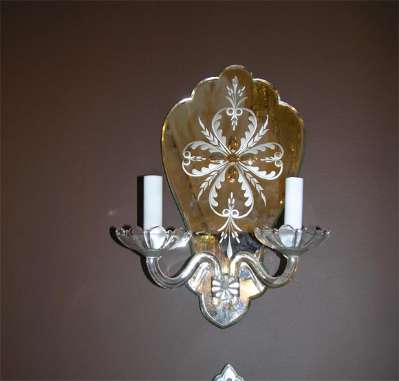 Pair of French Etched Mirrored Sconces