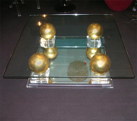 Glass Top Cocktail Table With Mirror, Lucite and Gold Leaf Balls