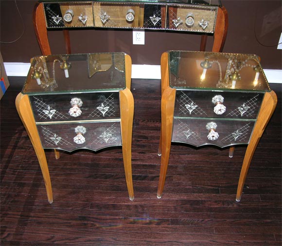 Pair of 1940's Etched Mirrored Commodes